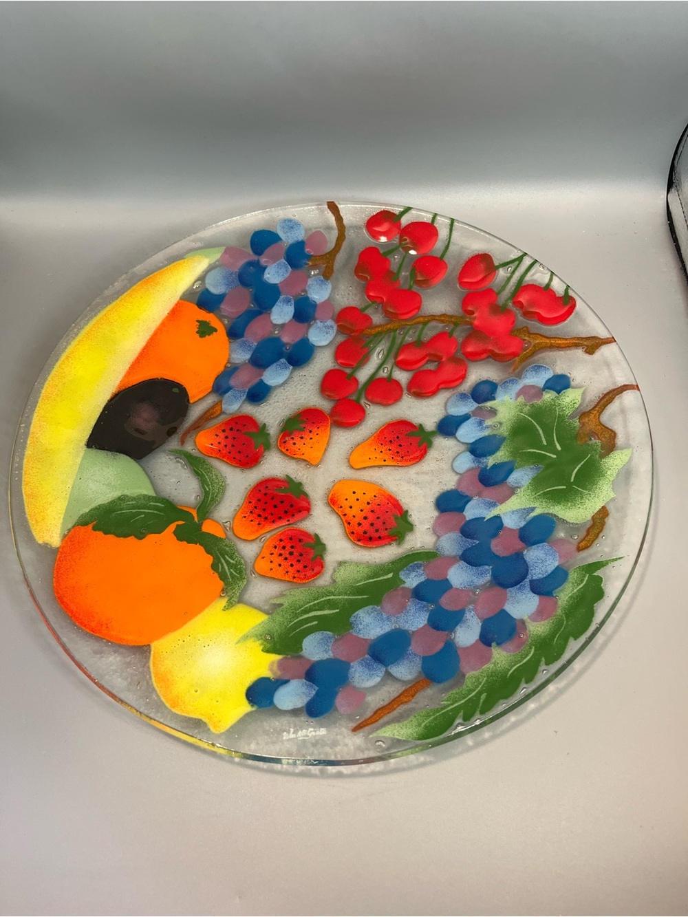 New Fusions Art Glass Fruit Medley 56041 14” Fused Glass Plate Signed Wm McGrath